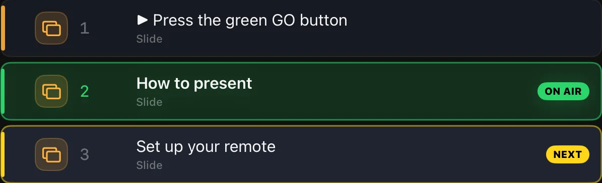Three cues in a Cue Killer list: one fired, one on air in green, one next in amber