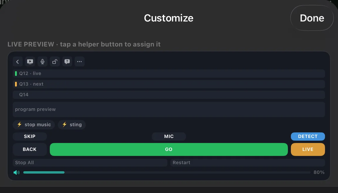 Customize controls: a live preview of the console with the helper row, GO row, and volume fader