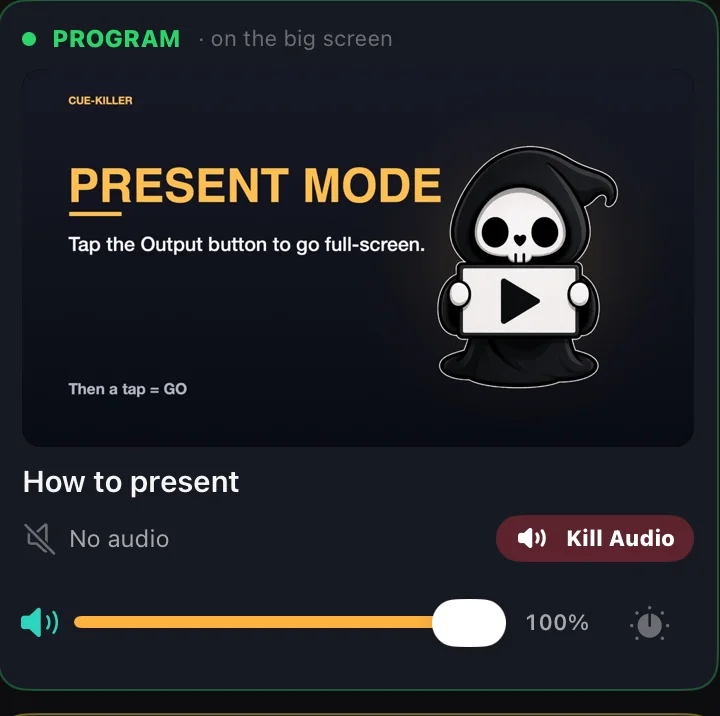 The Program panel showing the slide on the big screen, the live cue name, and the master volume