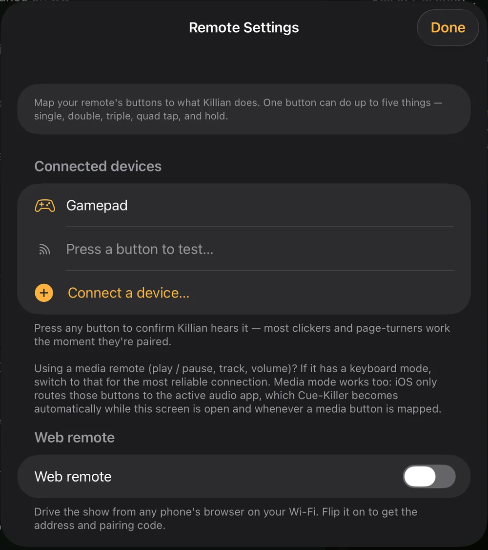 Remote Settings: connected devices, press a button to test, connect a device, and the web remote switch