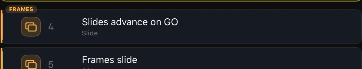 A routine in the cue list: the FRAMES group tag with its cues underneath