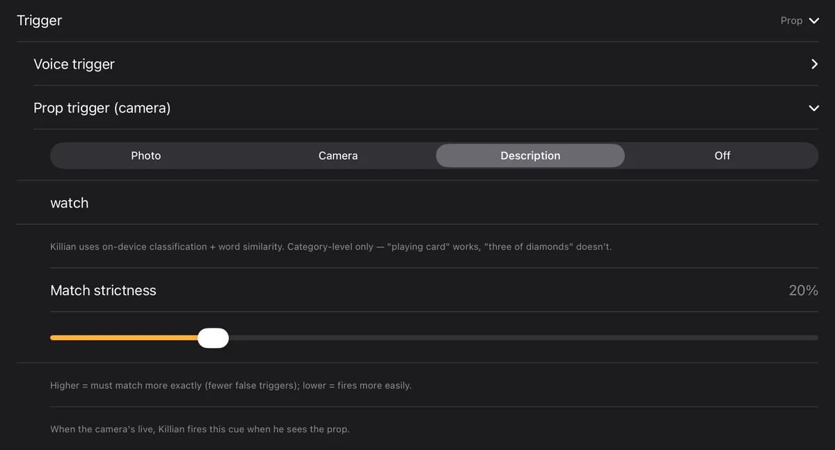 The Trigger section of the cue editor: Voice trigger, Prop trigger with a description field and a strictness slider, Action trigger, OSC trigger