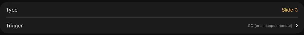 The Type and Trigger rows at the top of the cue editor