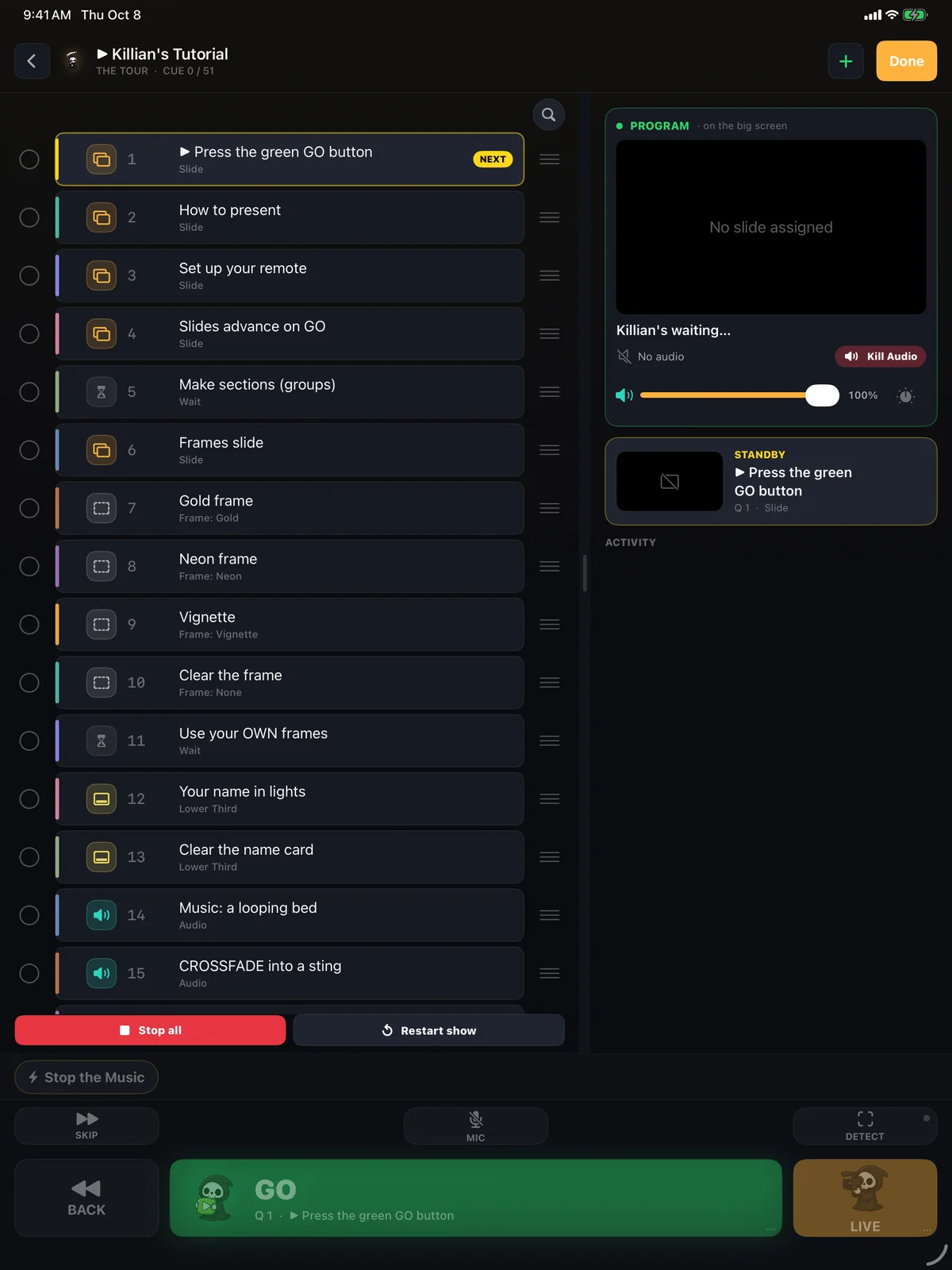 Arrange mode: every cue gets a drag handle and a checkbox, with a plus button to add cues