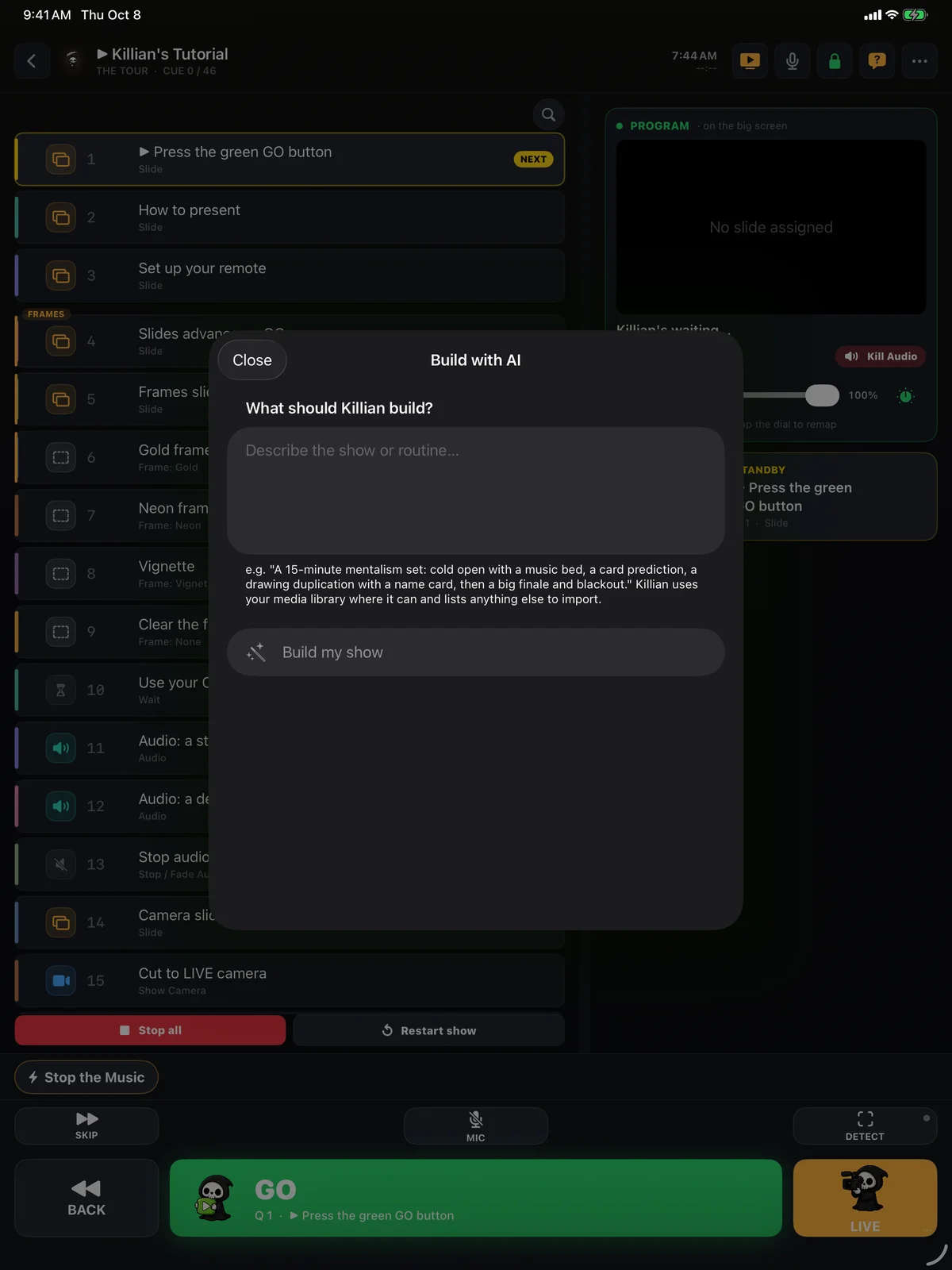 The Build with AI sheet asking what Killian should build