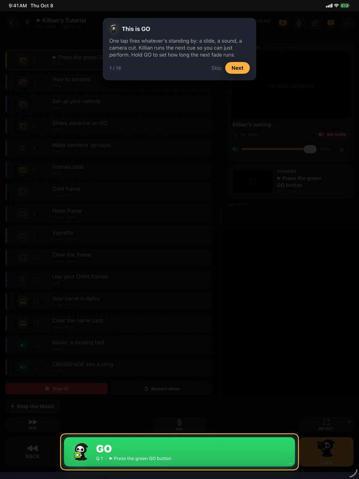 Killian's in-app tour spotlighting the GO button with a callout card