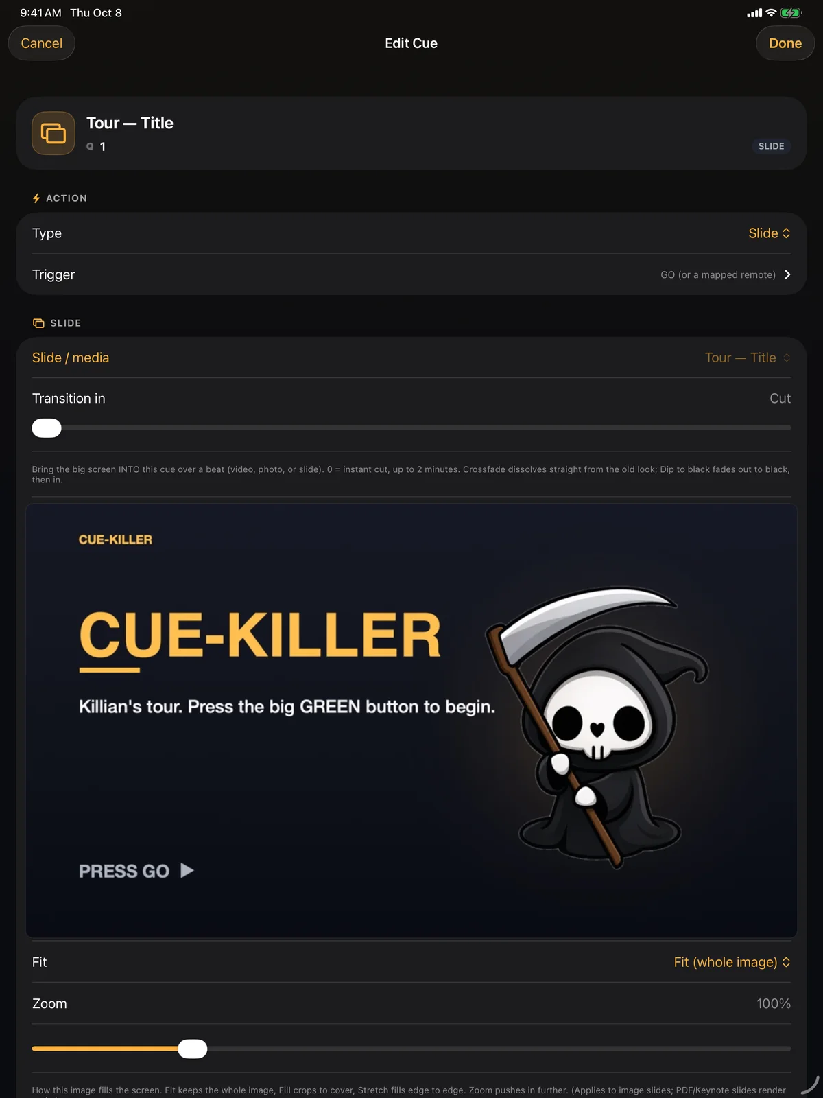 The cue editor for a Slide cue, with the image preview and Fit and Zoom controls