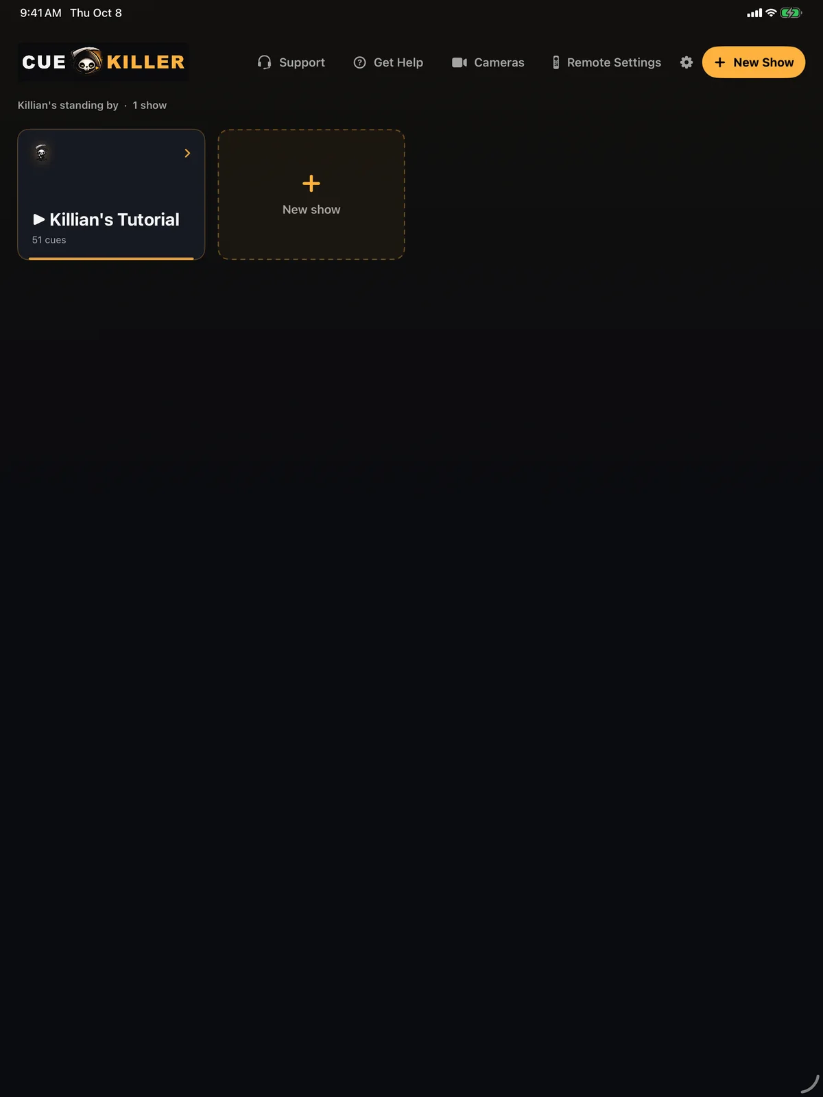 The Cue Killer home screen with the Killian's Tutorial show card