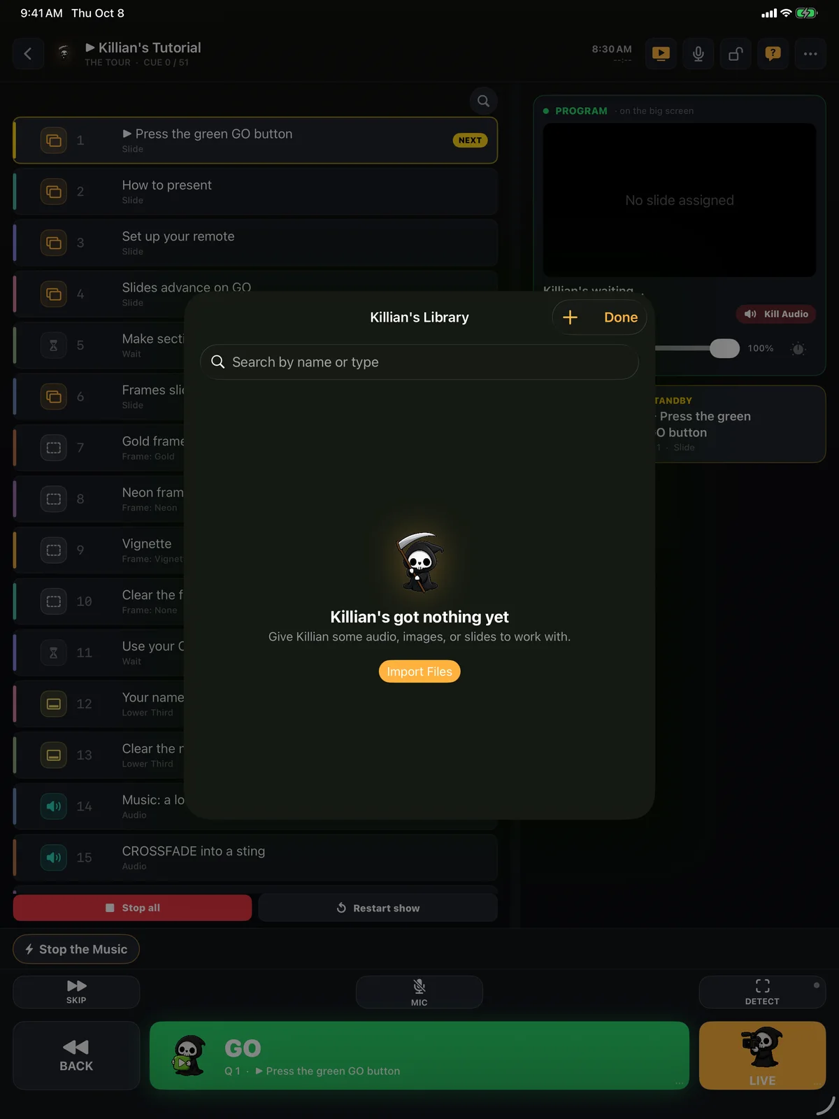 Killian's Library, still empty: a search box and a plus button
