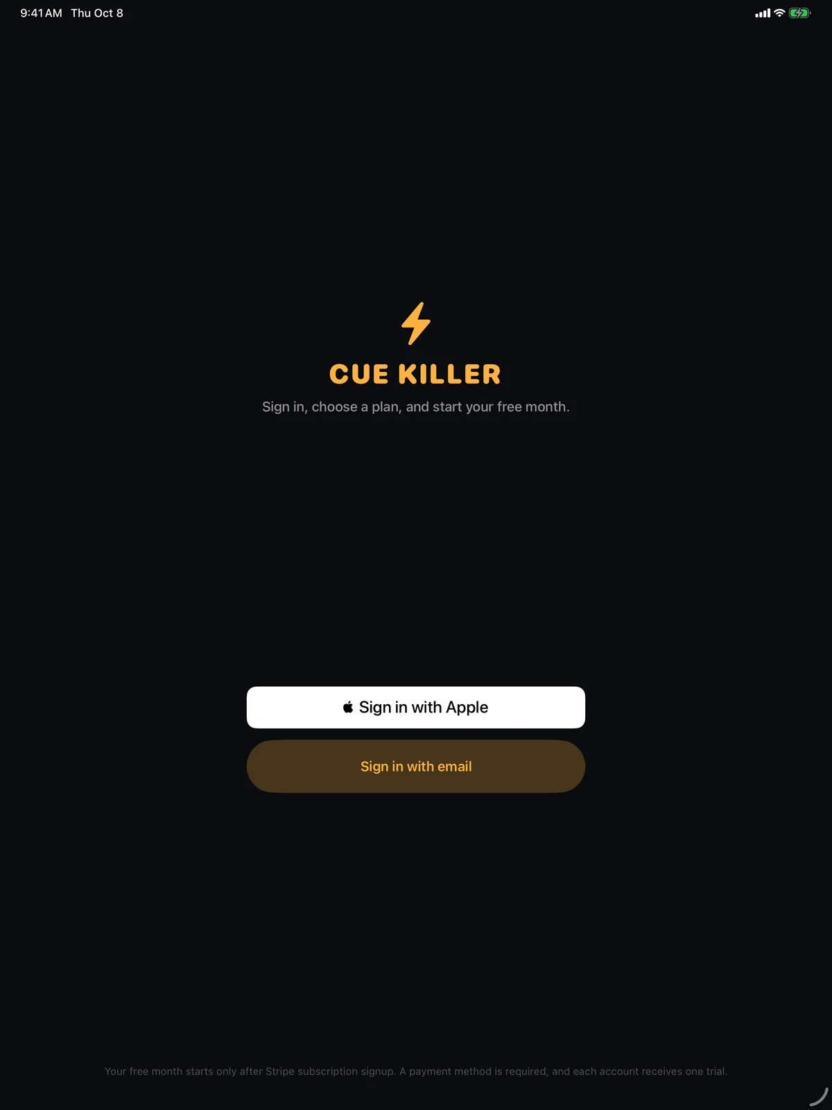 The Cue Killer sign-in screen with Sign in with Apple and Sign in with email